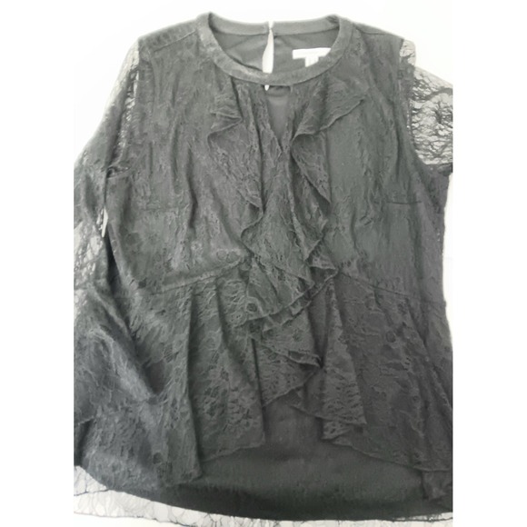 Isaac Mizrahi Live! Top Sz 12 Chantilly Lace Ruffle Keyhole Neck Black Fairy - Picture 3 of 16